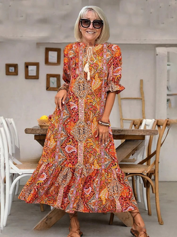 Mevelyn - Robe Bohémienne en Paisley avec Franges