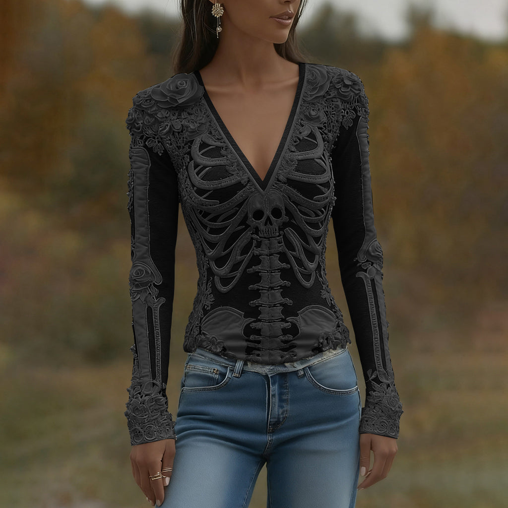 T-shirt décontracté à manches longues pour femmes avec art de squelette, roses et crâne, col en V pour Halloween