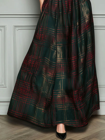 Robe Maxi Patchwork en Velours et Tartan Vert