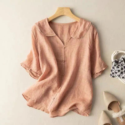 Sotiria - Élégante Blouse en Lin à Manches Courtes