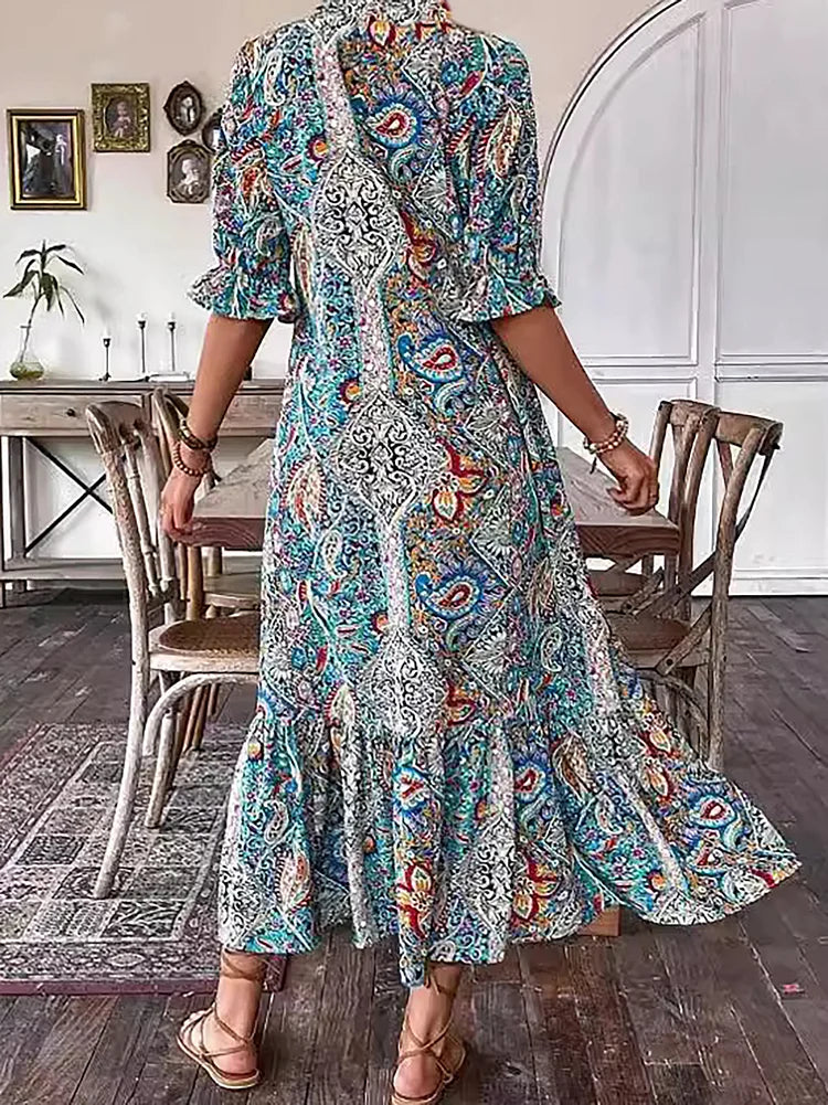 Carolette - Robe Maxi à Col avec Corde Boho
