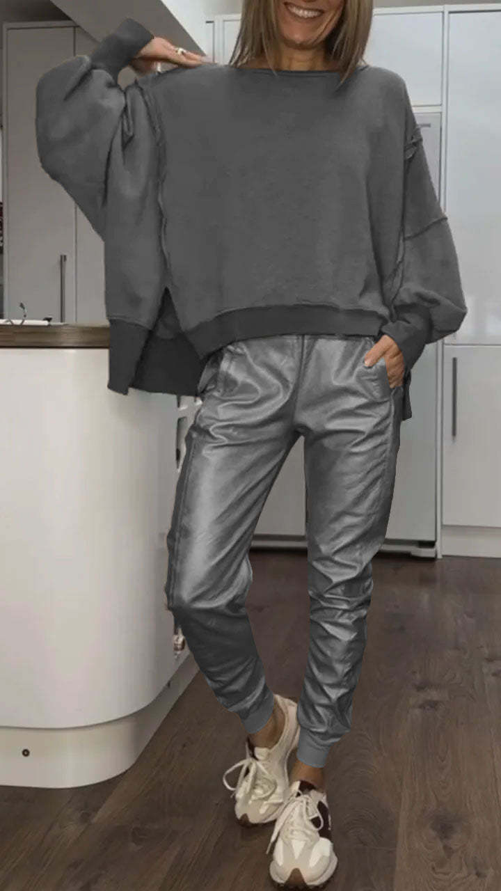 Ensemble Décontracté avec Col Rond pour Femme + Pantalons en Cuir