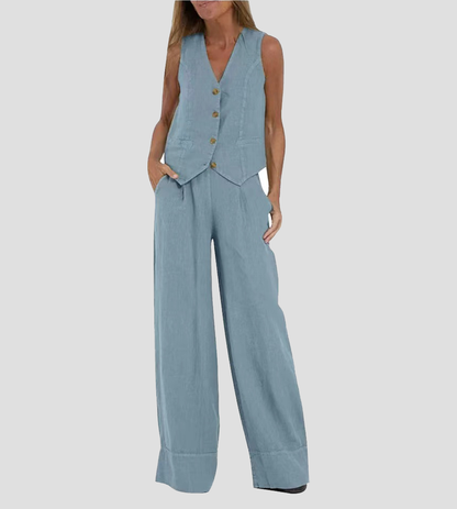Jessica - Ensemble de Gilet Boutonné & Pantalons à Jambes Larges