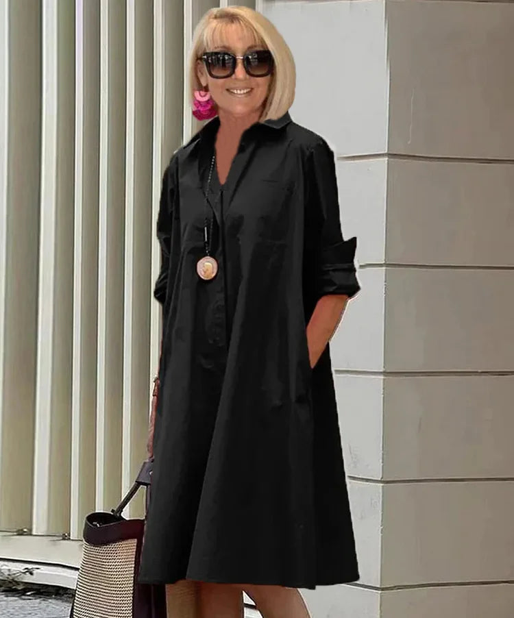 Vireya - Robe Midi avec Col de Chemise et Poches