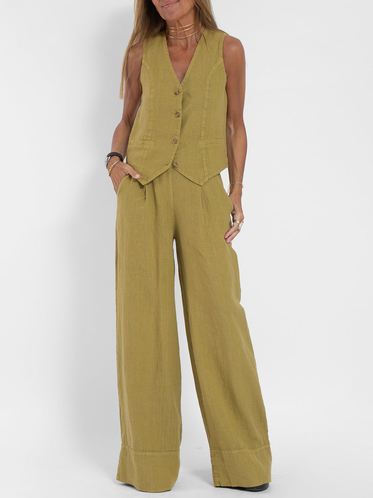 Jessica - Ensemble de Gilet Boutonné & Pantalons à Jambes Larges