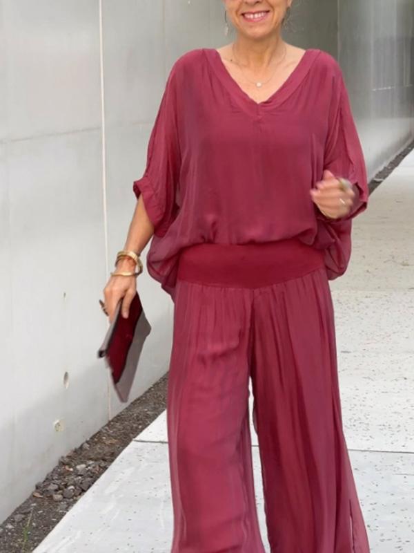 ESMERALDA – ENSEMBLE DE PANTALONS ÉLÉGANTS EN CHIFFON À JAMBES LARGES EN DEUX PIÈCES