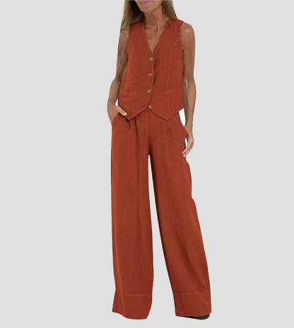 Jessica - Ensemble de Gilet Boutonné & Pantalons à Jambes Larges