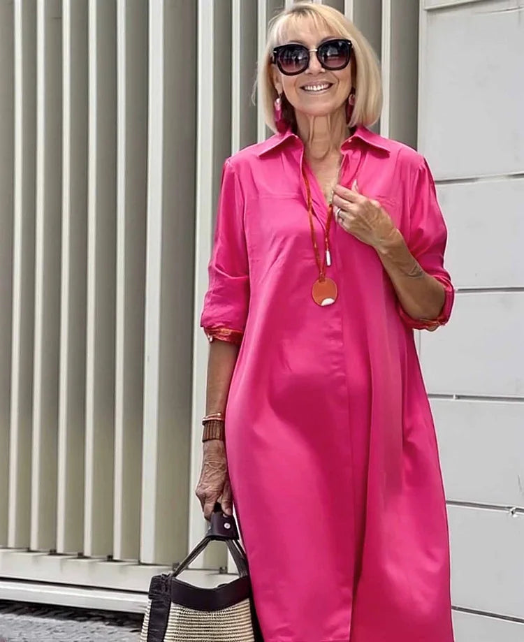 Vireya - Robe Midi avec Col de Chemise et Poches