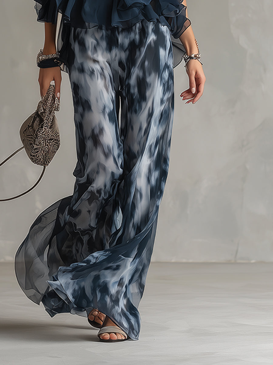 Ludovica | Top Halter Élégant Bleu Marine et Pantalons Amples Imprimés