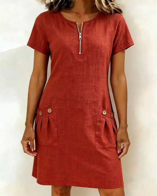 Robe Courte en Lin et Coton avec Fermeture Éclair - Coupe A-Line Élégante