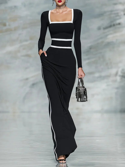 Robe Maxi Ajustée à Manches Longues avec Décolleté Carré et Bord Bicolore (Blanc et Noir)