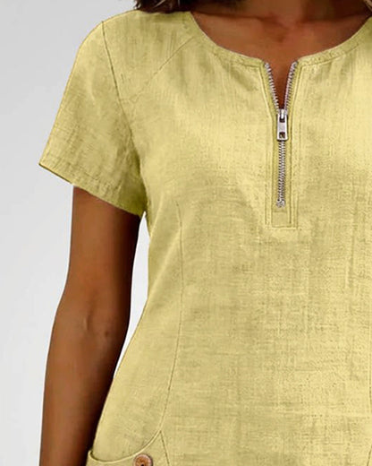 Robe Courte en Lin et Coton avec Fermeture Éclair - Coupe A-Line Élégante
