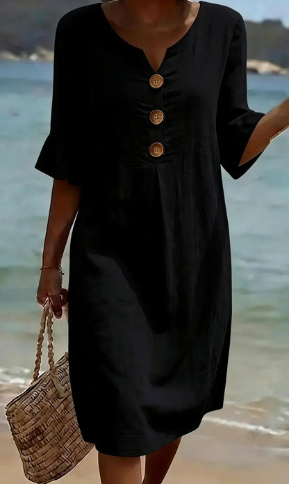 Vanesa | Robe en lin avec texture, manches bouffantes et boutons