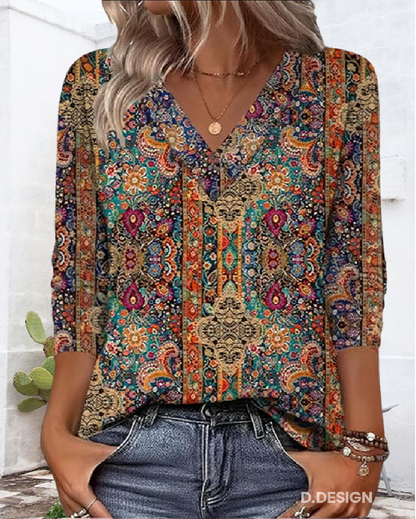 Blouse Imprimée Rétro Col V