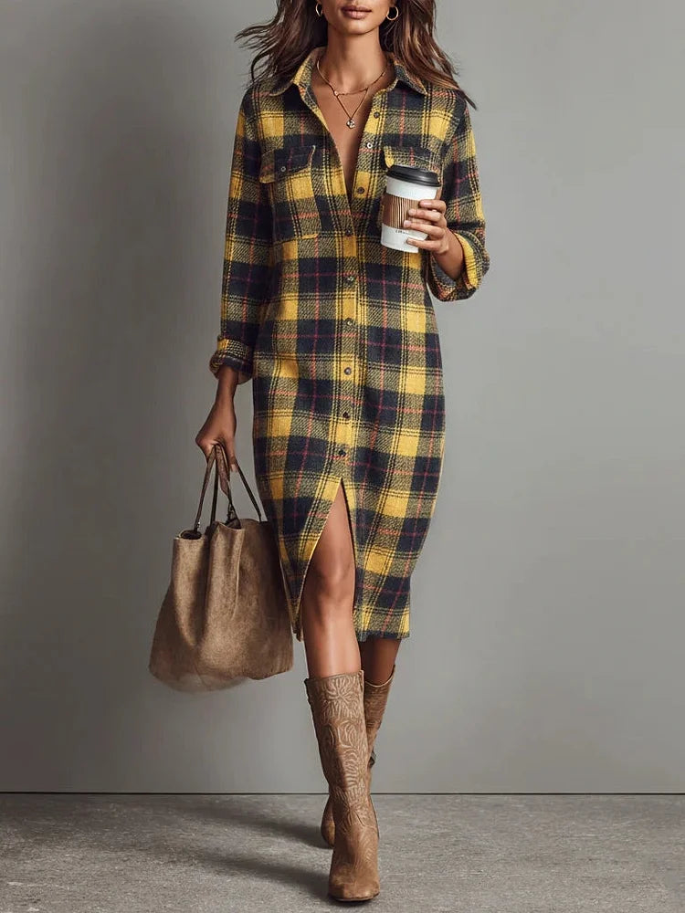 Robe Midi en Flanelle à Carreaux avec Manches Longues