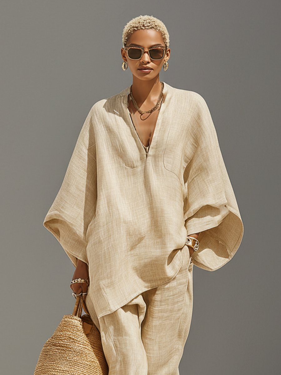 Ensemble Neutre en Lin pour Femme avec Ourlet Asymétrique et Design Minimaliste, Style Quotidien-Casual Sophistiqué