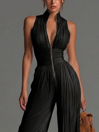 Combinaison sans manches à col en V noir avec fermeture éclair et plissée à jambes larges en chiffon