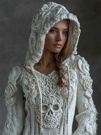 Pull Confortable en Tricot avec Capuche Tête de Mort Celte Viking Vintage avec Roses Blanches