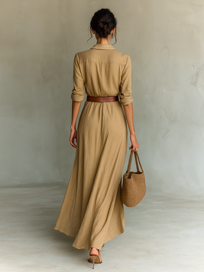 Robe Maxi Élégante avec Revers et Manches Longues pour Femme