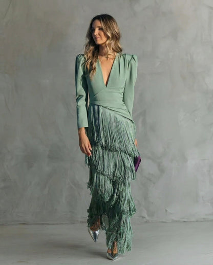 Elara™ | Élégante robe midi avec manches à franges