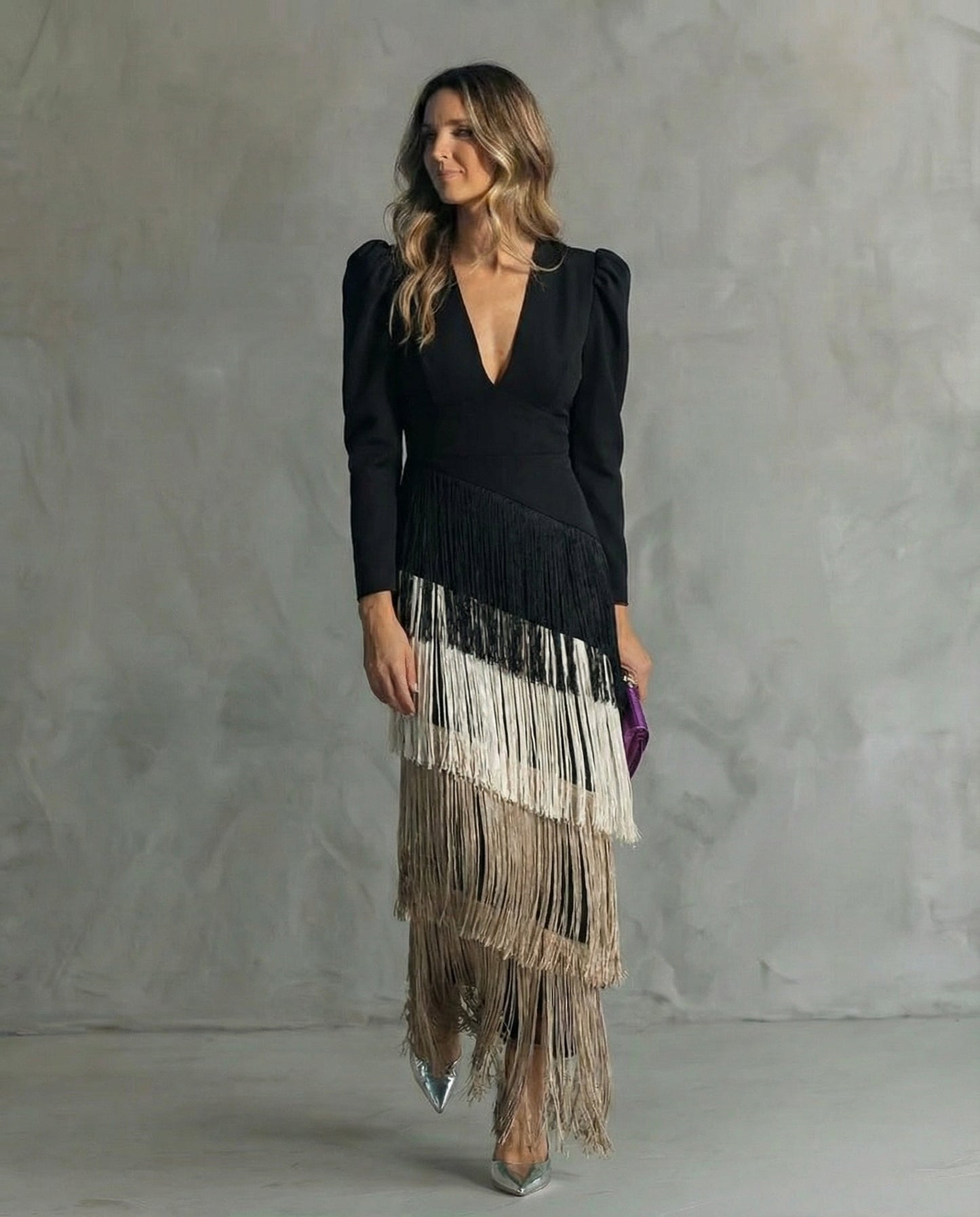 Elara™ | Élégante robe midi avec manches à franges