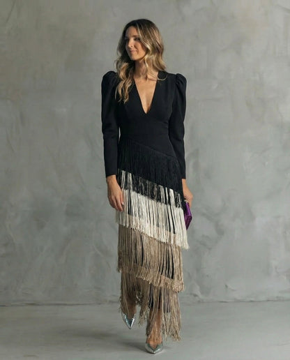 Elara™ | Élégante robe midi avec manches à franges