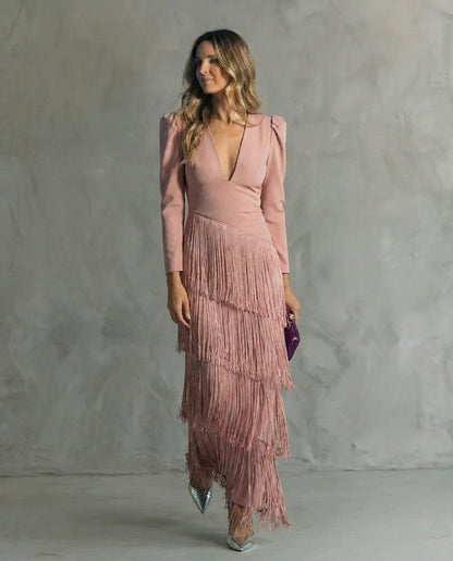 Clara ™ | Robe Midi Élégante avec Manches à Franges