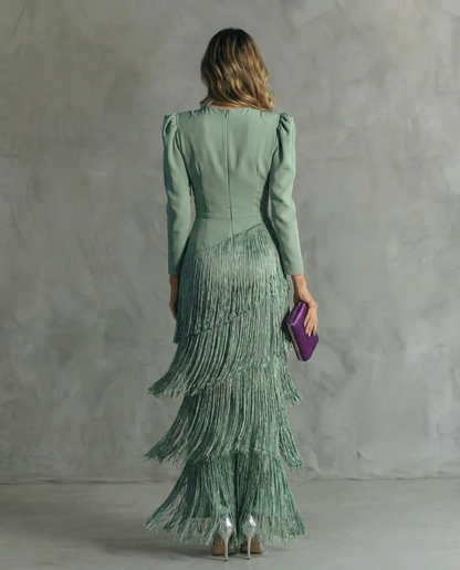 Elara™ | Élégante robe midi avec manches à franges