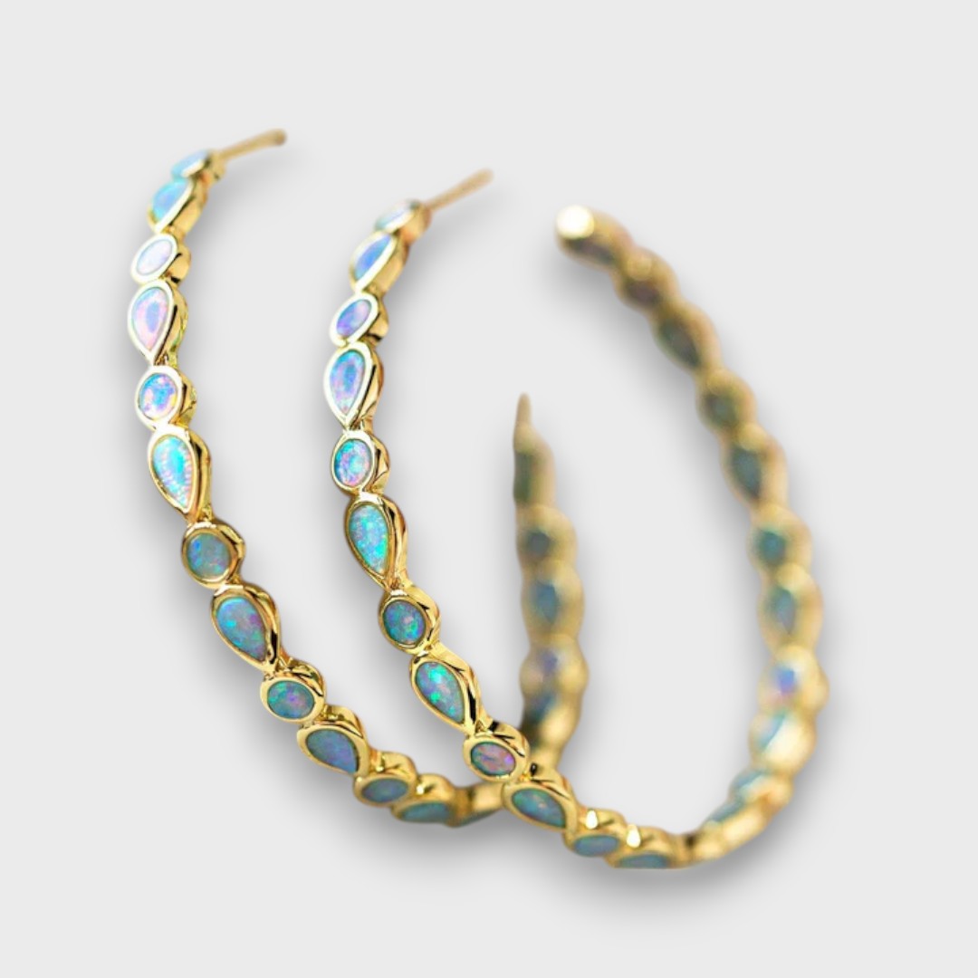 Solenya – Boucles d'oreilles créoles dorées avec pierres lumineuses iridescentes