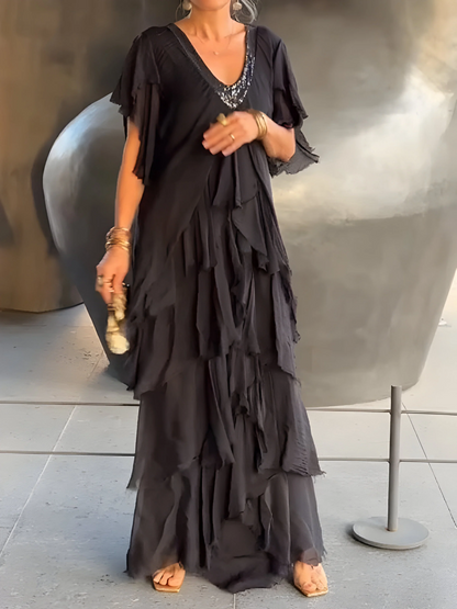 Riza - Robe Plissée avec Décolleté en V et Fluide