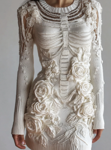 Robe Mini en Tricot Doux avec Crâne de Rose Blanche Vintage pour Femmes