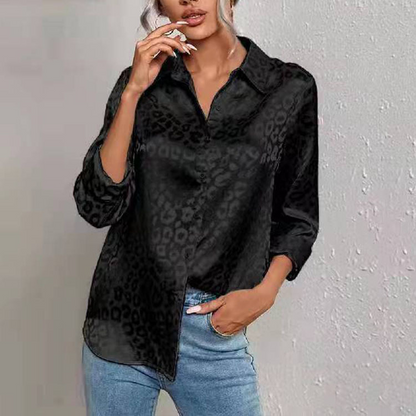Gwendolyn - Chemise Boutonnée en Satin Bicolore avec Imprimé Léopard en Jacquard