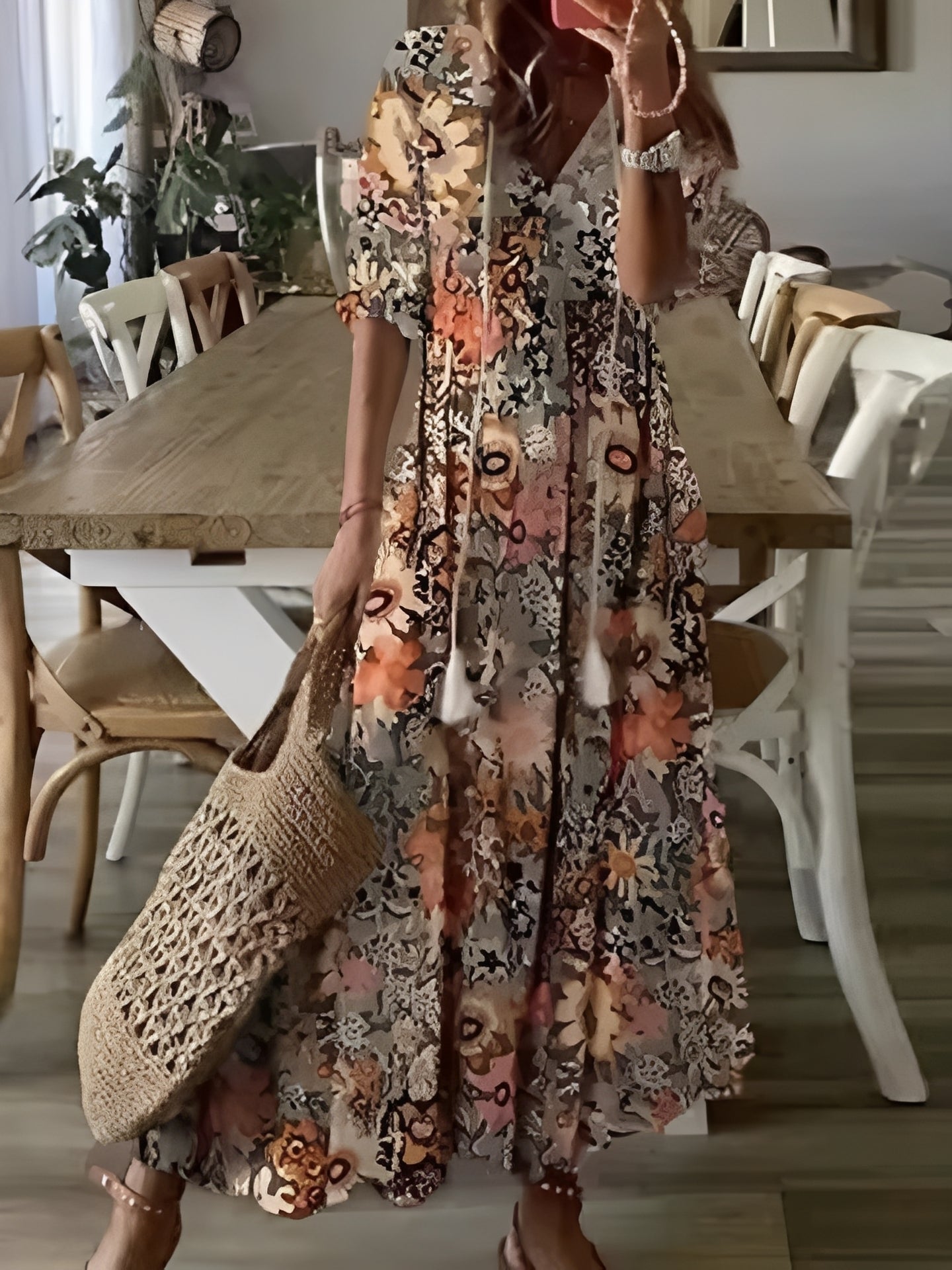Esther - Robe maxi bohème à manches mi-longues pour femme