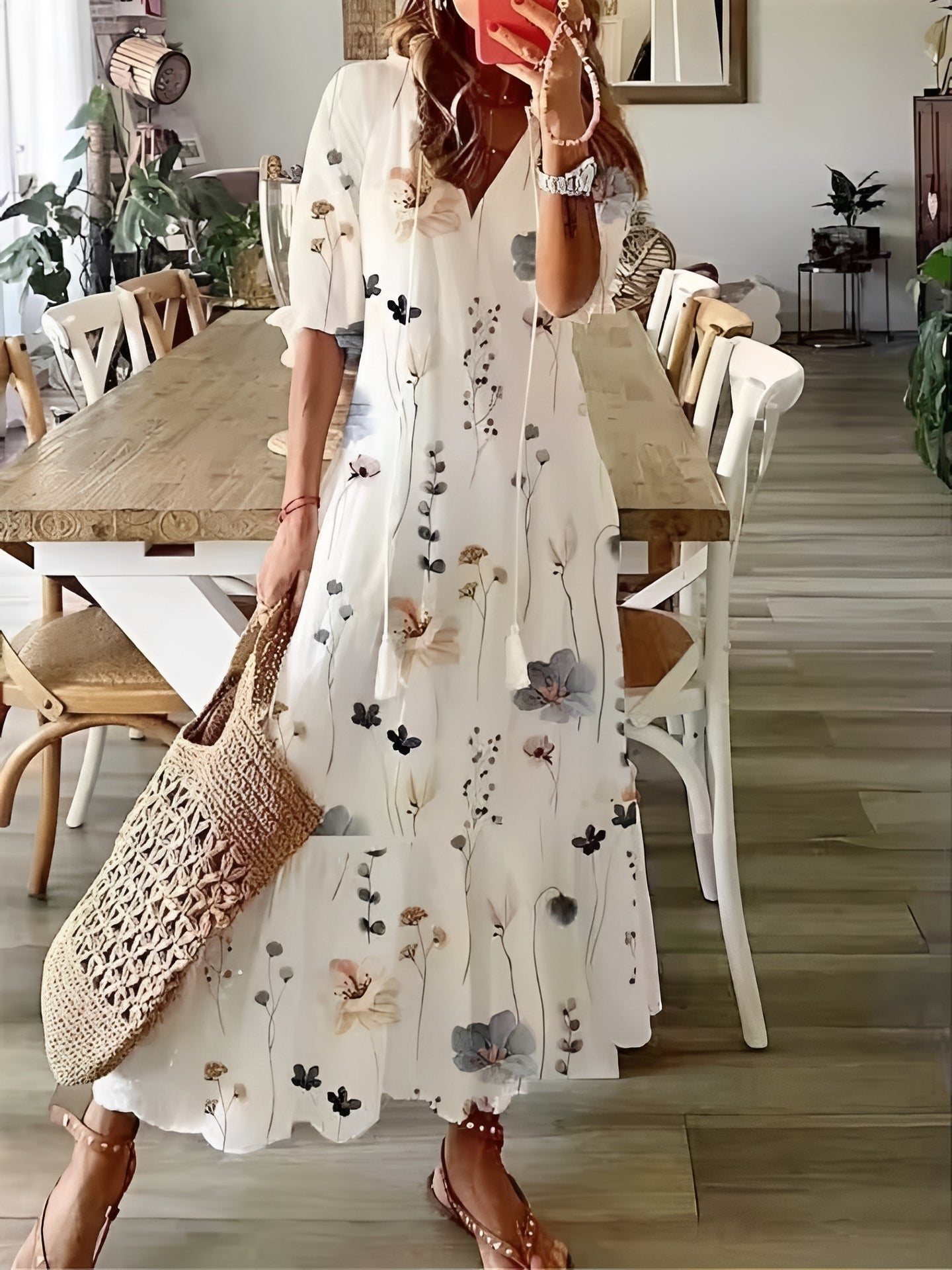 Esther - Robe maxi bohème à manches mi-longues pour femme
