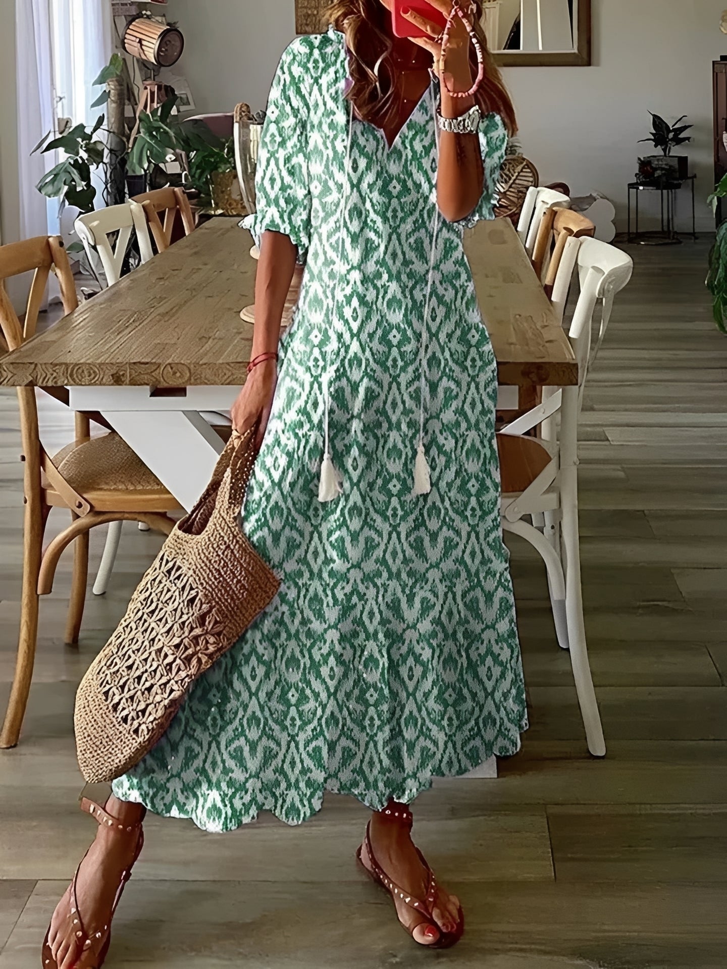 Esther - Robe maxi bohème à manches mi-longues pour femme