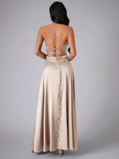 Robe Maxi de Soirée à Bretelles Spaghetti pour Femmes avec Fente Haute