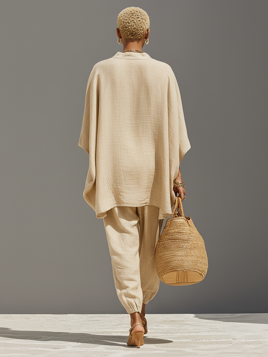 Ensemble Neutre en Lin pour Femme avec Ourlet Asymétrique et Design Minimaliste, Style Quotidien-Casual Sophistiqué