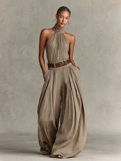 Combinaison en Coton Mélangé Taupe pour Femme avec Col Américain et Silhouette à Jambes Larges, Style Boho-Élégant Intemporel (Sans Ceinture)