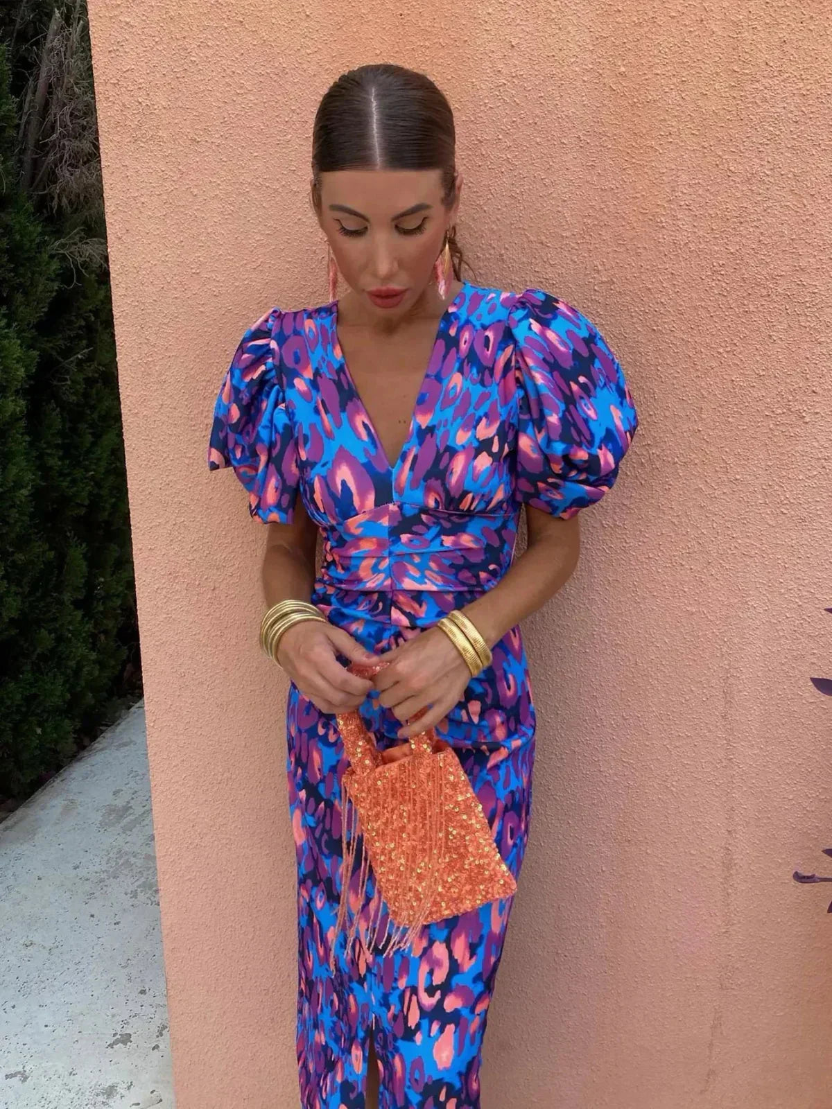 Glecy - Robe Élégante Femme à Manches Bouffantes Charme