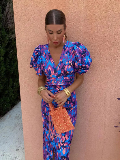 Glecy - Robe Élégante Femme à Manches Bouffantes Charme