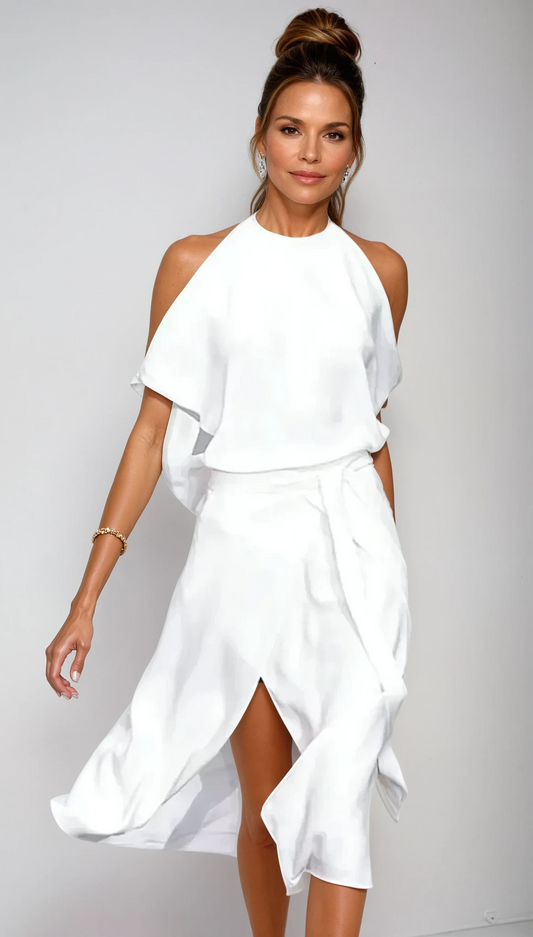 Celestine – Robe Midi Épaules Dégagées avec Ourlet Asymétrique