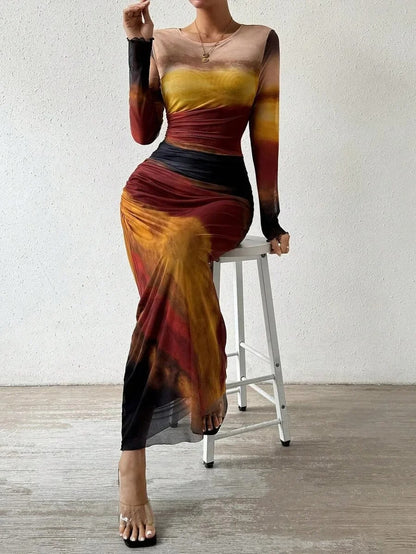 Serene - Robe Ajustée à Manches Longues Imprimée