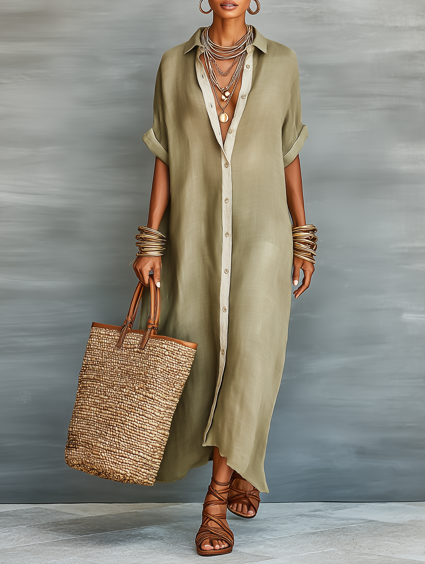 Robe Maxi en Lin Minimaliste pour Femme avec Manches Courtes