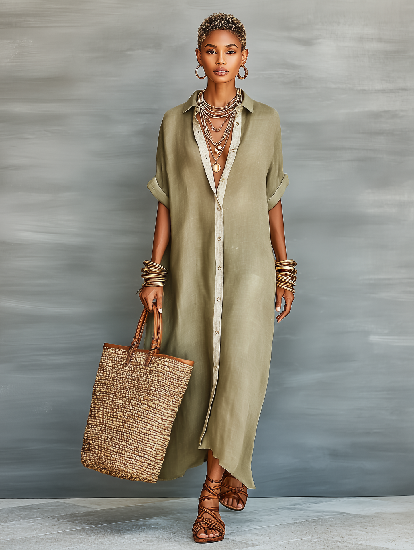 Robe Maxi en Lin Minimaliste pour Femme avec Manches Courtes