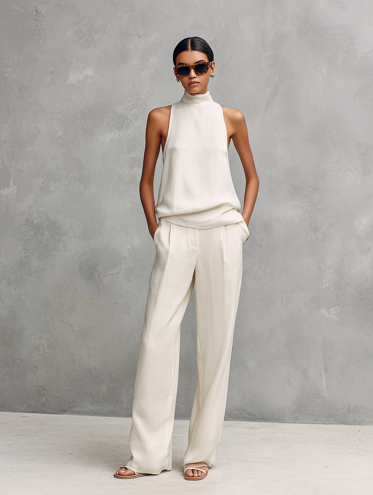 Ensemble Top Sans Manches et Pantalons Élégant en Coton et Lin Noir pour Femme