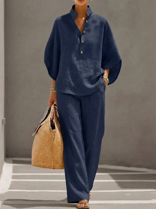 Maribel | Ensemble en lin avec des manches chauve-souris et un pantalon large