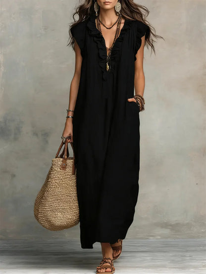 Robe Longue Femme Bohémienne en Lin et Coton - Coupe Fluide Élégante