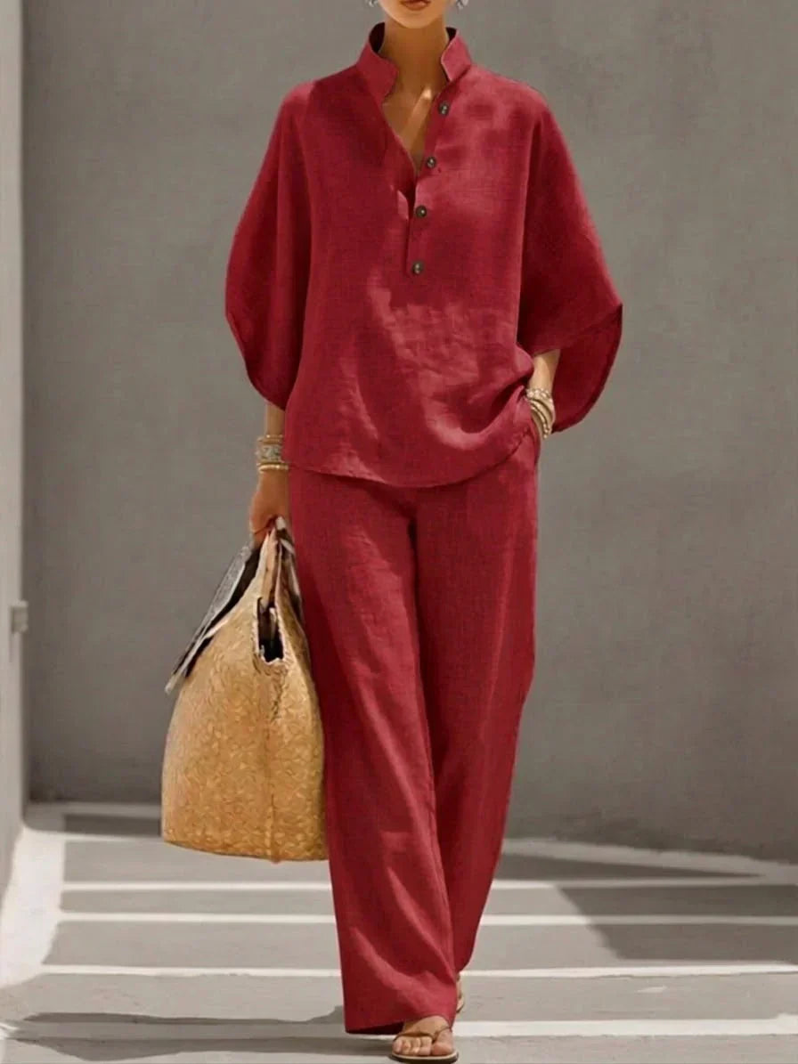 Maribel | Ensemble en lin avec des manches chauve-souris et un pantalon large