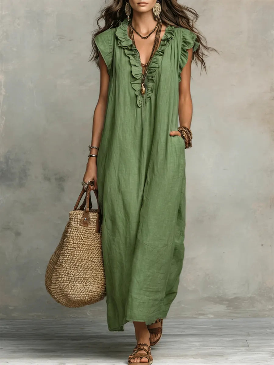 Robe Longue Femme Bohémienne en Lin et Coton - Coupe Fluide Élégante