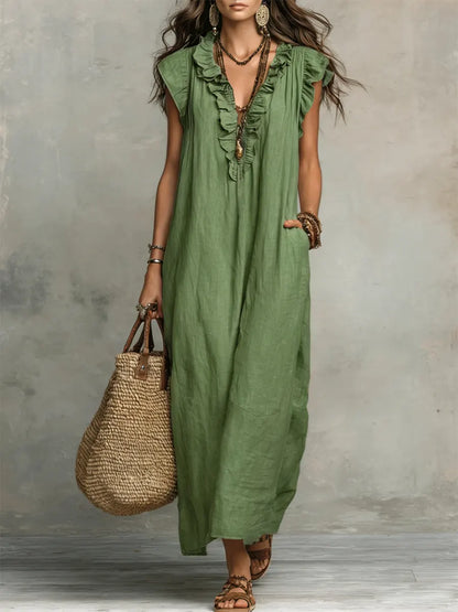 Robe Longue Femme Bohémienne en Lin et Coton - Coupe Fluide Élégante